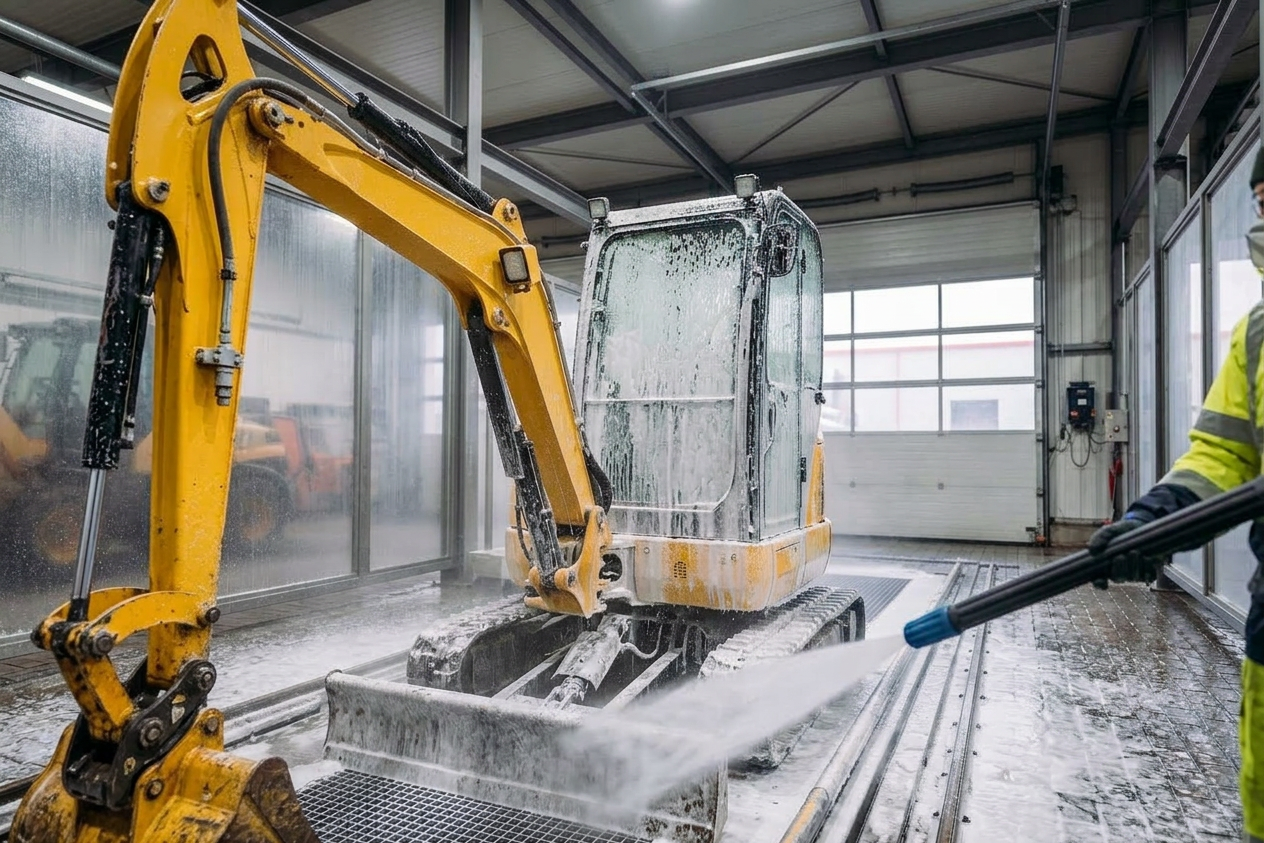 Yellow excavator being cleaned by automated brushes and water sprays indoors