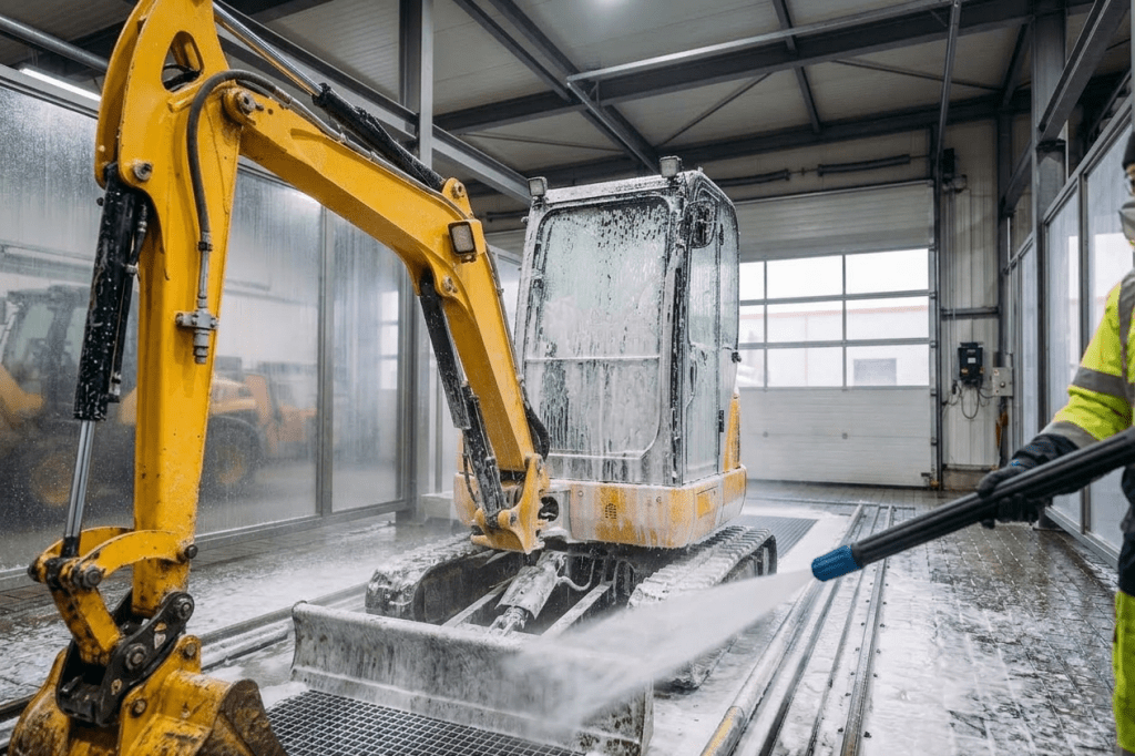 Yellow excavator being cleaned by automated brushes and water sprays indoors